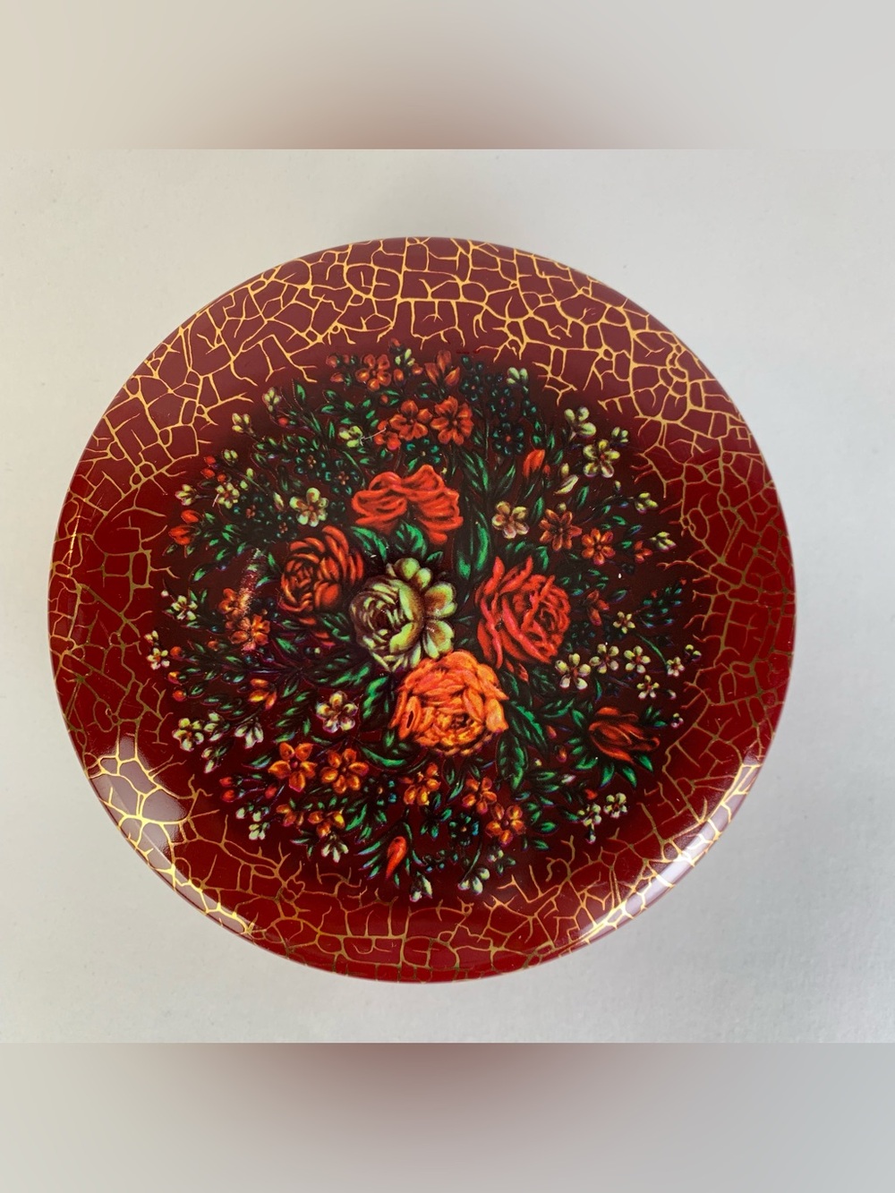 Vintage Daher Decorated Ware England Floral Round Tin Metal Container Red Gold